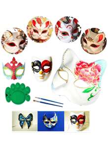 6pcs Animal Mask Set With 2pcs Paintbrushes And 12 Dye Colors, Handmade DIY, New Material, Fashionable And Elegant, Suitable For Men And Women, Cat Mask, Fox Mask, Lion Mask, Butterfly Mask, Various Masks For Ball, Party, And Event Decoration Halloween