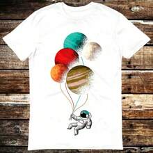 Spaceman Astronaut Planet Balloons Universe Earth Mars Jupiter T Shirt Meme Gift Funny Tee Vintage Style Unisex Gamer Cult Movie Music 6154 Short Sleeve Summer Crewneck Top Comfortable Cotton For Sports And Fitness Daily Leisure Gift To Friends And Family 2025 New Year's Gift - White - View 1