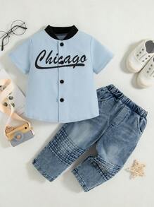 夏季幼儿酷炫字母印花休闲短袖衬衫和时尚牛仔长裤 2 件套 - 淺藍色 - 查看 1