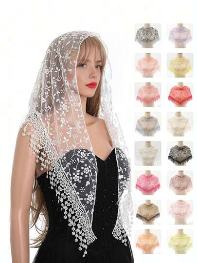 1pc Solid Color Vine Foil Lace Print Tassel Triangle Scarf, Classic Hollow-Out Breathable Thin Shawl For Women, Fashionable Spring/Autumn Casual Headdress, Elegant Accessory For Wedding & Celebration