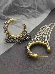 Fashion New Chain Tassel Hoop Earrings Stainless Steel Hoop Earrings For Women Punk Cool Double Tones Stainless Steel Chunky Jewelry Accessory