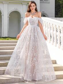 UNITHORSE 女士蕾丝刺绣花卉交叉后背可调节宽松白色伴娘礼服、婚纱、全白派对服装 - 白色 - 查看 4