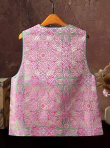Exquisite Floral Pattern Round Neck Sleeveless Cardigan Top, Elegant New Chinese Style Tang Suit Jacket Top, Beautiful Women's Vest Cardigan Casual - Hot Pink - View 5