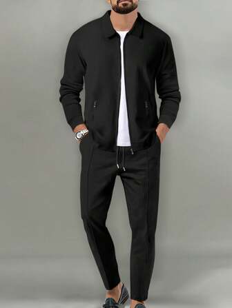 Casual Spring Outfits, Men's 2 Pieces Set Including Zip-Up Pocket Collar Jacket And Relaxed Fit Pants, Fall Clothes