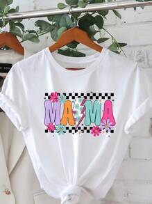 Flower Mums Cartoon Letter Graphic Print T Shirt, Short Sleeve Crew Neck Casual Top For Summer & Spring, Women's T-Shirt