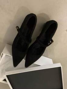 黑色条纹扣中跟尖头舒适百搭日常时尚女孩和青少年高跟鞋 - 黑色 - 查看 5