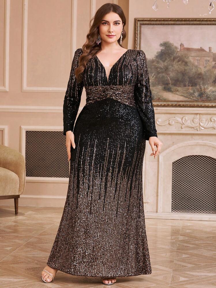 SUPGIR [Random Cut] V-Neck Long Sleeve Cinched Waist Gradient Sequin Plus Size Bodycon Dress, Party Dress, Wedding Guest Dress, Formal Dress, Evening Gown, Maxi Dress, Autumn Women's Wear Elegant Spring Black - Black - View 3