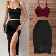 BLACK TOP AND SKIRT WITH LEG SLIPPING Fitted Strappy Top - Burgundy - View 2