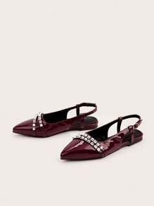 Wine Red Glossy Surface Rivet Decor Backstrap Fashion Women Flat Shoes - Burgundy - View 2