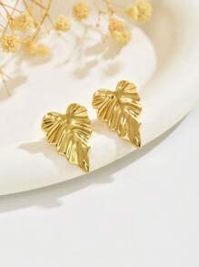1 Pair Stainless Steel Leaf Design Stud Earrings, Suitable For Women's Daily Wear Or Party Occasions, Countryside Style
