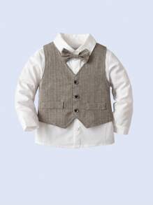 3pcs Young Boys Gentleman Outfit Set: White Collared Shirt With Bow Tie, Grey Vest And Suspender Pants, Fashionabantic For Birthday Party, Wedding, Anniversary