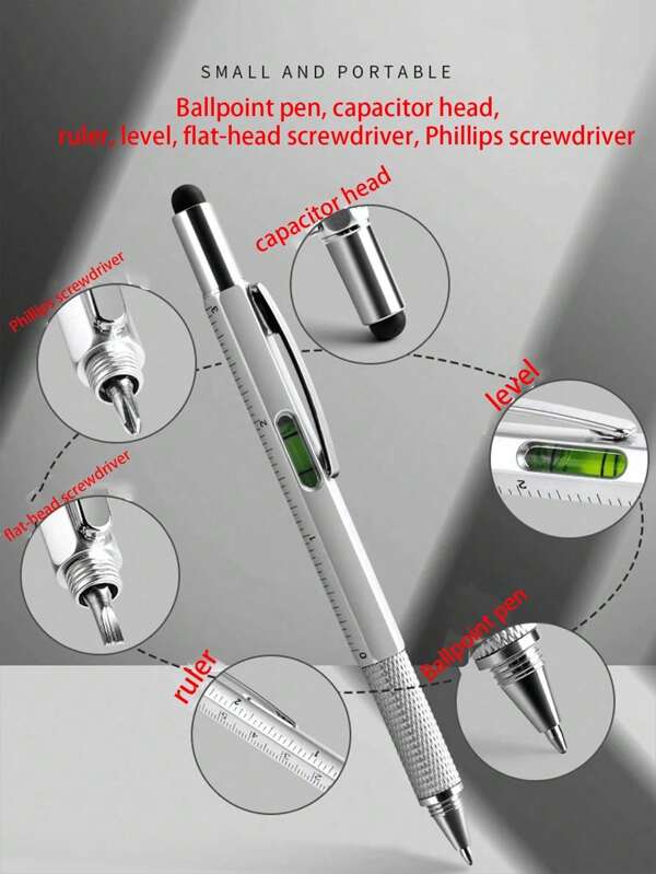 1 Pc 6-In-1 Multifunctional Pen Set, Includes Level, Ruler, Ball Pen, Screwdrivers, Capacitive Stylus, Convenient For Home & Outdoor Work (Black Color May Have Slight Variation Due To Updated Design, Random Shipment)