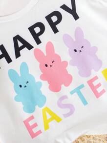 Baby Girl Cute Cartoon Rabbit & Letter Print Cap Sleeve Top + Flared Pants 2pcs/Set - Multicolor - View 4