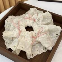 1 st. Strik Scrunchie, Schattig roze lint haarelastiekje voor dames, Balletstijl mesh borduurwerk, Romantische kant rand haarspeld, Elegante schattige knot haaraccessoire, Geschikt voor dagelijks leven, Vakantie, Feestdagen