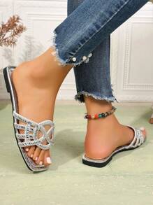 Dames Zomer Nieuwe Platte Pantoffels, Bandjes Strass Sandalen, Modieuze Veelzijdige Slides