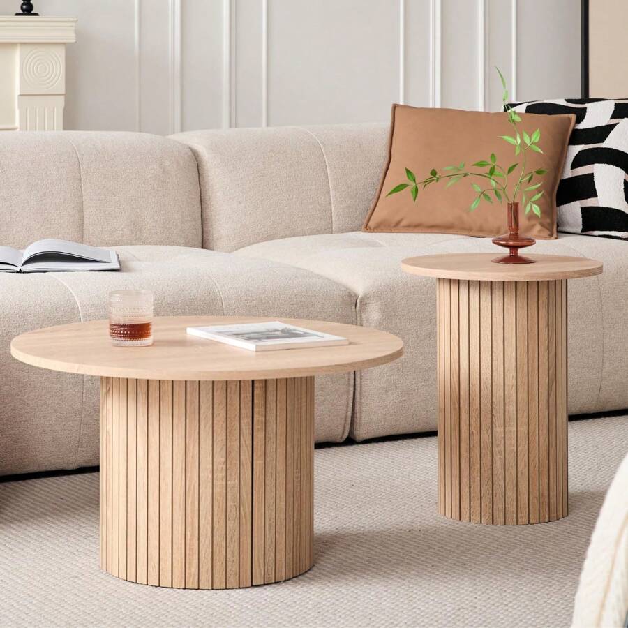 Round Nesting Coffee Tables Set Of 2, Boho Wood Circle Side Table Fluted Drum, Farmhouse End Table For Living Room Bedroom, Apartment - Yellow - View 1