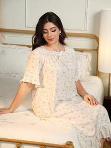 RS Pajama Women's Plus Size Elegant Flower Print Bubble Chiffon Ruffle Trim Square Neck Night,Long Sleep Dress,Pajama Dress