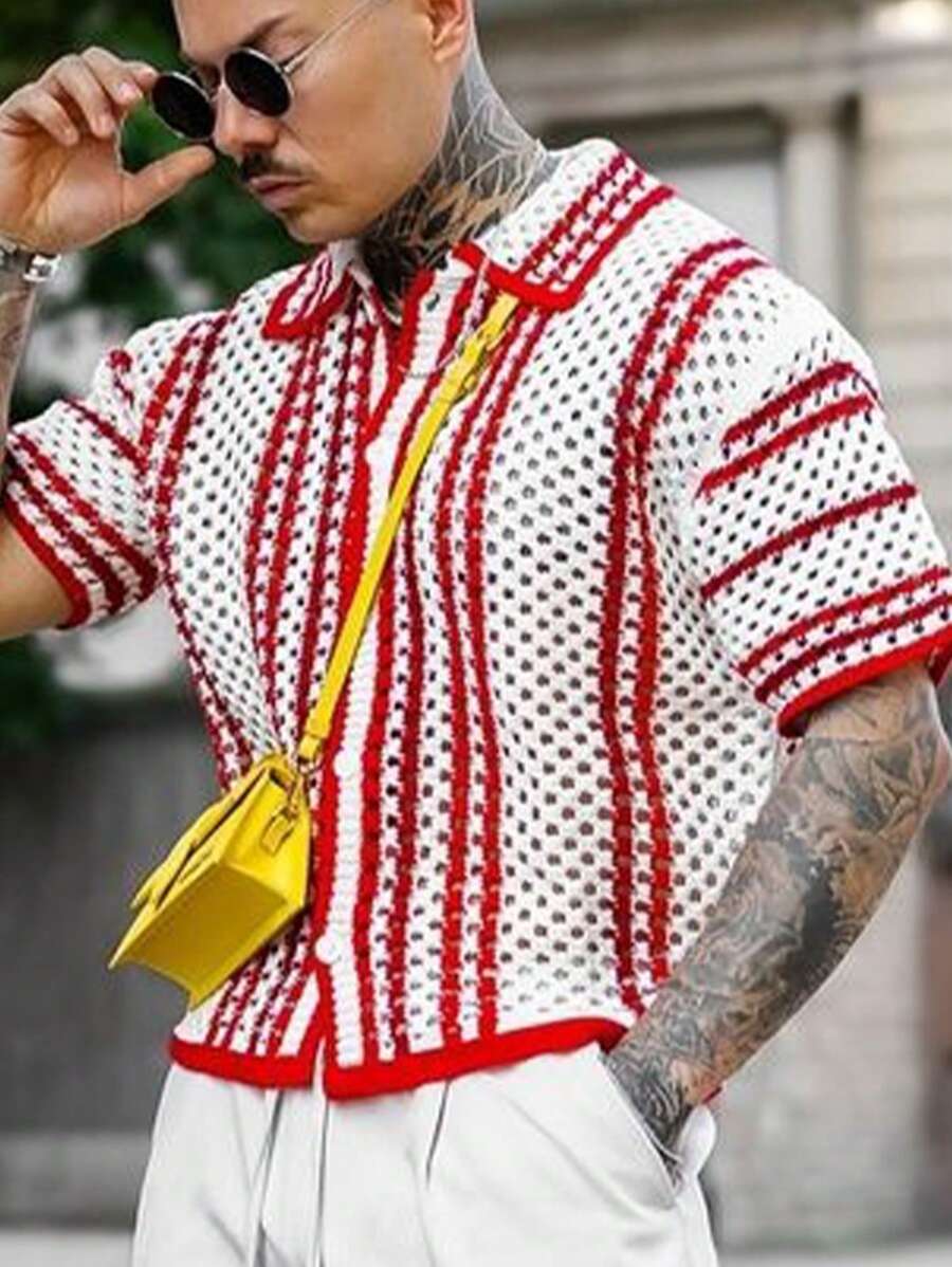 Men's Summer Short Polo Collar Contrast Color Open Front Knit Short Sleeve Shirt - Red - View 1