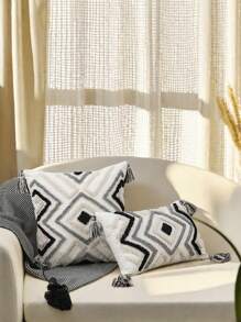 1pc/2pcs Geometric Rhombus Pattern Throw Pillow Case, Canvas & Chenille Material With Tassels, Bohemian And Modern Style For Bedroom, Living Room, Sofa, Car, All Season Use, 30*50cm, 45*45cm