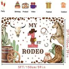 1pc First Birthday Cowboy Rodeo Background, Cowboy First Birthday Background, Cowboy Printed Party Supplies Banner, Cowboy Shower Decorations, Cowboy 1st Birthday Party Banner - Multicolor - View 4