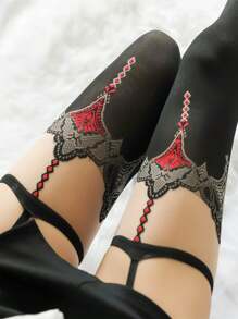 1 双性感对比色红色边缘大腿袜带吊袜带 - 黑色 - 查看 3
