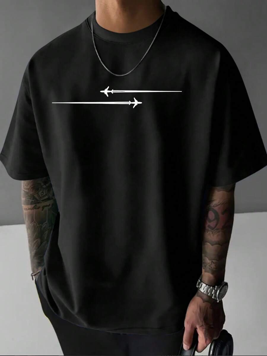 Camiseta de manga corta para hombres con diseño impreso de avión sencillo, cómoda y transpirable para ocio y deportes. Adecuada para hombres y mujeres en primavera y verano, ideal como regalo