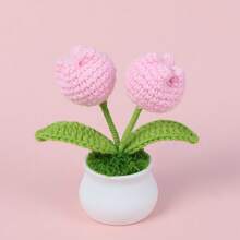 1pc Handmade Crocheted Yarn Simulation Tulip Potted Plant, Round Cute Woven Yarn Tulip, 1 Double Headed Stamen, 1 Triple Headed Flower Bud, Desktop, Car, Office, Home Decoration, Small Gift, Can Be Given To Family, Friends, Classmates, Birthdays, Teachers, Souvenirs, Night Market Camping Parties, Scenic Spots Easter Gifts Graduation,Garden Decor,Outdoor Plant,Gardening,Fake Flowers