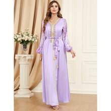 Muslim Clothing New Style Splicing Bubble Long Sleeve Dress - Purple - View 5