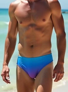 Gradient Print Sexy Bulge Design Men's Swimming Trunks Briefs,Hawaiian - Blue - View 2