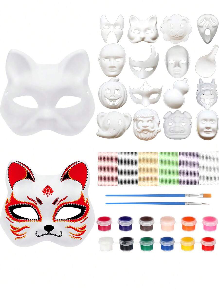 6pcs Animal Mask Set With 2pcs Paintbrushes And 12 Dye Colors, Handmade DIY, New Material, Fashionable And Elegant, Suitable For Men And Women, Cat Mask, Fox Mask, Lion Mask, Butterfly Mask, Various Masks For Ball, Party, And Event Decoration Halloween