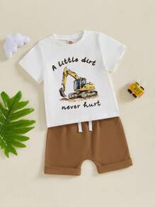 Toddler Boys Summer Outfits Letter Digger Print Round Neck Short Sleeve T-Shirts Elastic Waist Shorts 2Pcs Clothes Set
