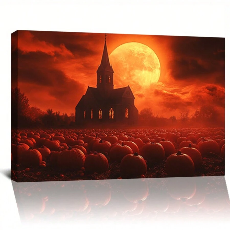 Pumpkin Patch Canvas Wall Art, Halloween Theme, Mysterious Moonlit Church Scene, Suitable For Home, Bedroom, And Living Room Decor