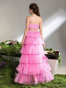 Faeriesty Elegant Romantic Floral Applique Tube& Mesh Overlay Skirt Formal Party Match - Pink - View 3