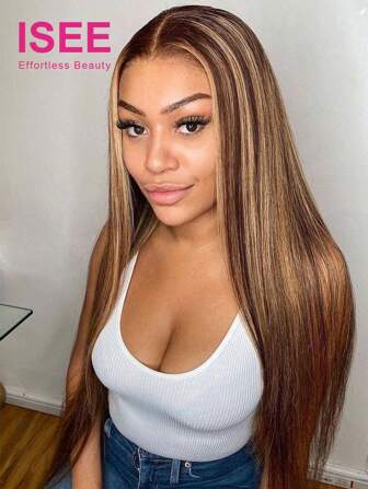 ISEE HAIR Wear Go 6x4 高清无胶蕾丝挑染直发假发 P4/27 棕色蜜金色假发 预拔预剪 自然发际线 180% 8-30 英寸真人发质 适合初学者