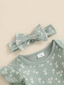 Ropa para bebé recién nacido, niña, con estampado floral acanalado, volantes, manga larga, mono, pantalones, diadema, conjunto de 3 piezas con flores bonitas para otoño e invierno - Verde - Ver 3