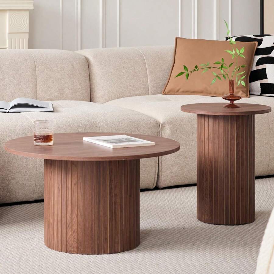 Round Nesting Coffee Tables Set Of 2, Boho Wood Circle Side Table Fluted Drum, Farmhouse End Table For Living Room Bedroom, Apartment - 棕色 - 查看 1