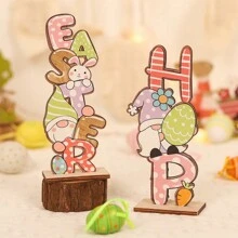 1pc/2pcs Easter Decor Wooden Faceless Old Man Holding Egg Figurines, Party Decoration, Scene Decor, Mall Decor, Home Accents