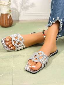 Dames Zomer Nieuwe Platte Pantoffels, Bandjes Strass Sandalen, Modieuze Veelzijdige Slides