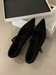 黑色条纹扣中跟尖头舒适百搭日常时尚女孩和青少年高跟鞋 - 黑色 - 查看 4