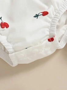 Summer Baby Girls' Cute Cherry Print Bodysuit & Floral Lace Sun Hat & Bow Socks 3pcs Outfit Set - White - View 3