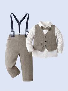 3pcs Young Boys Gentleman Outfit Set: White Collared Shirt With Bow Tie, Grey Vest And Suspender Pants, Fashionabantic For Birthday Party, Wedding, Anniversary