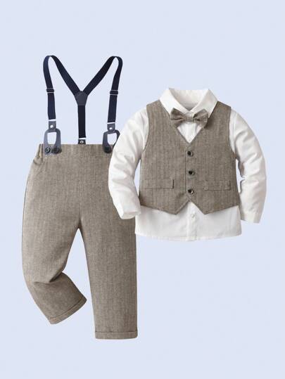 3pcs Young Boys Gentleman Outfit Set: White Collared Shirt With Bow Tie, Grey Vest And Suspender Pants, Fashionabantic For Birthday Party, Wedding, Anniversary
