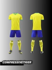 2pcs Boy's Personalized Soccer Jersey - Customizable Name And Number Print Stripe Decor Short Sleeve T-Shirt + Shorts Co-Ord Quick-Drying Sweat-Absorbing Sports Set As Gift