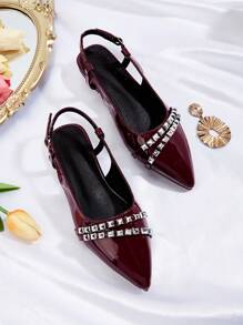 Wine Red Glossy Surface Rivet Decor Backstrap Fashion Women Flat Shoes - Burgundy - View 1