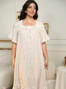 RS Pajama Women's Plus Size Elegant Flower Print Bubble Chiffon Ruffle Trim Square Neck Night,Long Sleep Dress,Pajama Dress