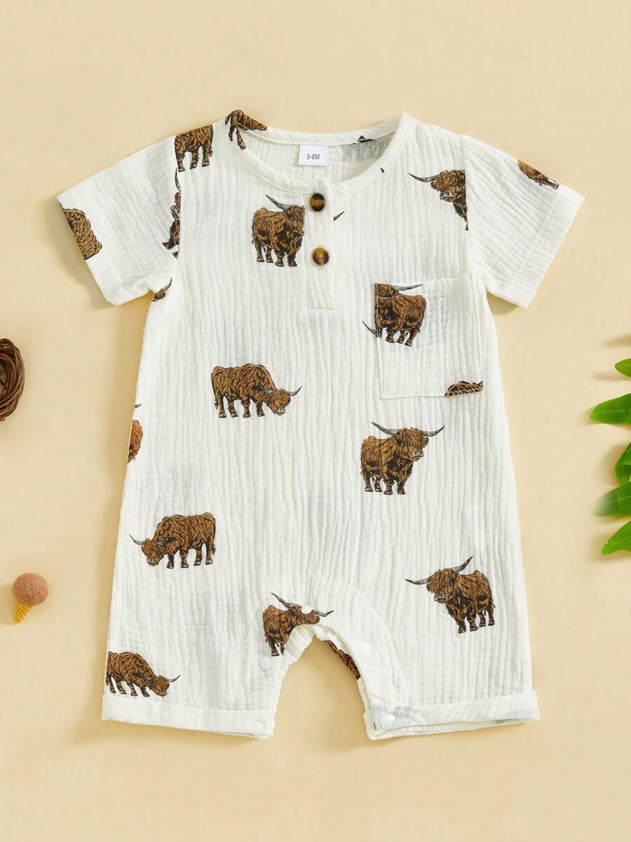 Mono informal con estampado de ganado para bebé niño, manga corta, cuello redondo y botones - Albaricoque - Ver 1