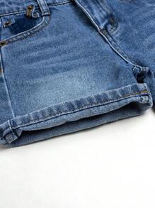 时尚年轻男孩可调节腰部破洞洗水牛仔短裤 - 深色水洗藍 - 查看 9