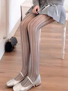 1 Pair Vintage Romantic Vertical Striped Openwork Tights, Sexy And Slimming Stockings For Women - Grey - View 4