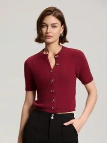 Women Casual Short Sleeve Button-Up Knit Cardigan, Spring/Autumn - Burgundy - View 1