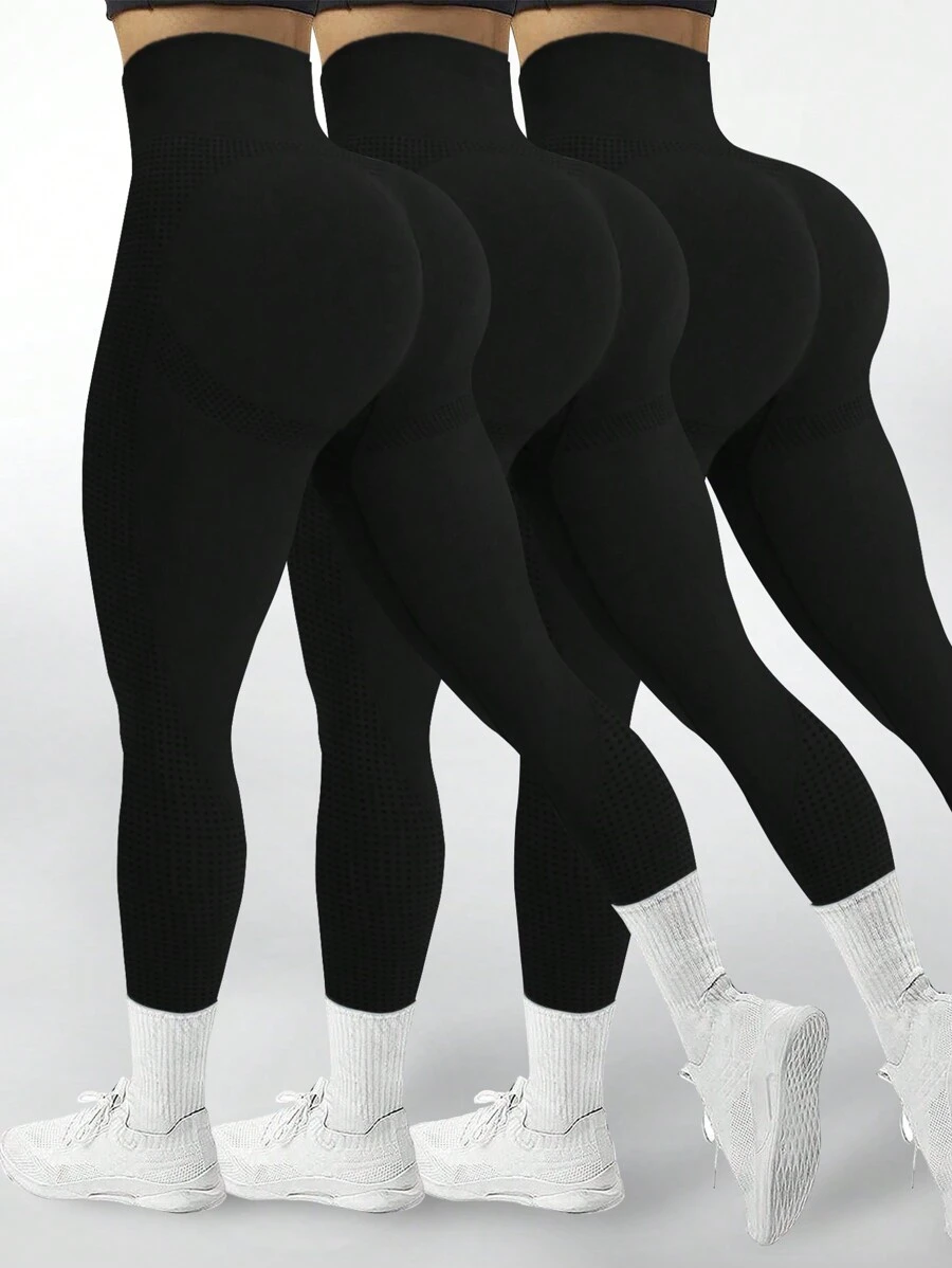 Set 3 bucăți pantaloni de yoga fără cusături pentru femei, design cu talie înaltă, șolduri flatante de culoarea piersicii, absorbție a umezelii, versatili pentru purtare zilnică și colanți sport